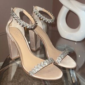 Jewel Badgley Mischka Elegant Block Heel Sandals with Rhinestone Straps